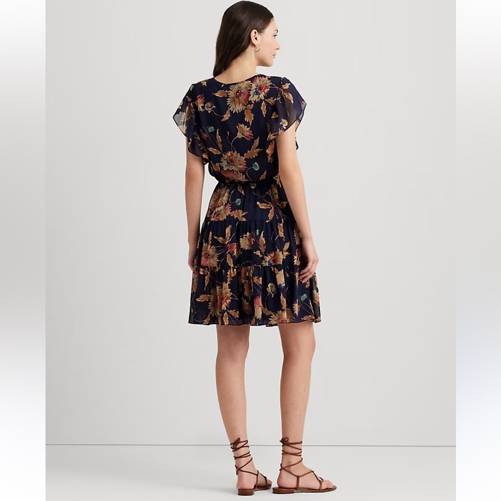 Ralph Lauren Georgette Navy Blue Brown Floral Dress Tie Neck Short Sleeve Size 0